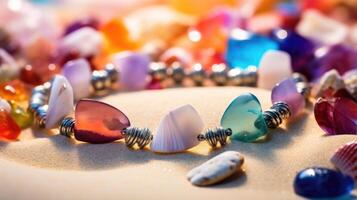 Macro shot of a statement necklace, made with colorful resin stones, laying on a bed of sand and seashells at the beach. photo