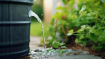 Closeup of a rain barrel collecting water from a downspout, conserving resources. photo