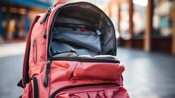 Closeup of a functional and fashionable pack with zippered compartments and an adjustable waistband. photo