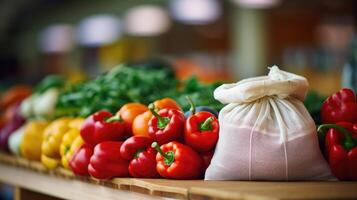 Closeup of a stack of reusable cloth bags filled with fresh produce from a local farmers market. photo