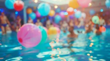 Blurry view of a bustling indoor pool party with colorful inflatables creating a playful atmosphere photo