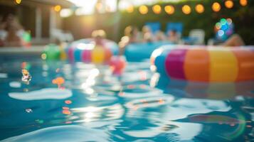 Unfocused image of a lively poolside gathering with inflatable toys and smiling faces all around photo