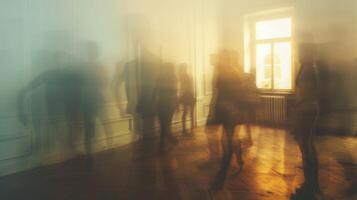 Blurry figures moving quickly around the room searching every nook and cranny for the next clue photo