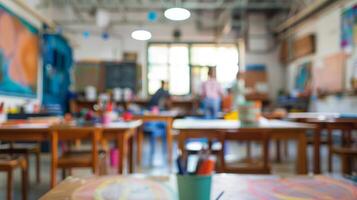 Blurry view of an indoor art class where kids are free to express themselves and explore their creativity in a safe and nurturing environment photo