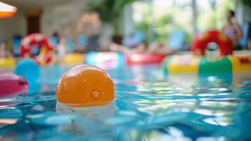 Unfocused image of a festive indoor pool party with floating toys and lively conversations in the background photo