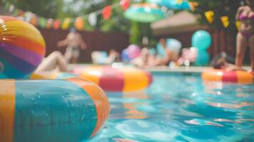 Blurry glimpse of a funfilled pool party complete with floating toys and energetic guests photo