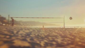 Muted colors and dreamlike backgrounds create a serene atmosphere for the beach volleyball game photo
