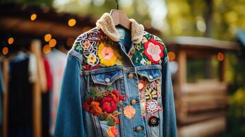 Closeup of a trendy denim jacket, embellished with embroidered patches, hanging on a rustic wooden fence in a forest. photo
