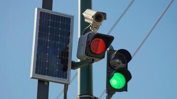 A security camera with a solar panel attached is mounted on a traffic light keeping a watchful eye on busy intersections photo