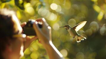 Soft focus on a photographer patiently waiting for the perfect moment to capture a hummingbird feeding on nectar photo