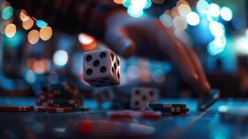 The blurred motion of a player rolling dice and eagerly awaiting the result photo