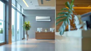 A modern hotel lobby with a sleek solarpowered air conditioning unit visible behind the checkin desk a sustainable touch to the stylish decor photo
