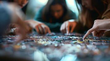 Blurry outlines of objects tered on a table with participants deep in thought as they try to piece together the puzzle photo