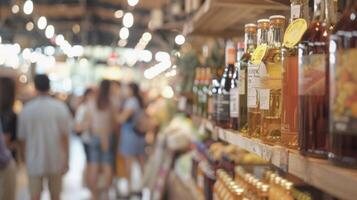 Soft focus on a wide array of artisanal products and curious shoppers exploring an urban market photo