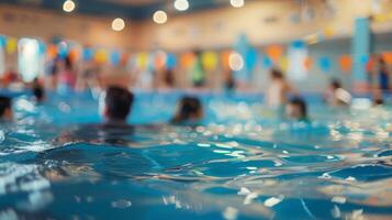 Defocused scene of a vibrant indoor pool party where people are enjoying a refreshing dip photo