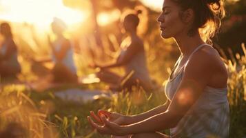 Soft focus on yogis in a beautiful outdoor location finding stillness in movement photo