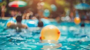 Defocused scene of a fun pool party with guests enjoying a variety of water activities and games photo