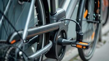 A closeup of an e bike being plugged into the charging station showing how seamlessly solar energy can power our modes of transportation photo