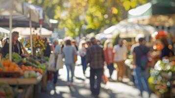 Out of focus snapshot of an urban farmers market with a mix of eager shoppers and busy vendors in the foreground photo