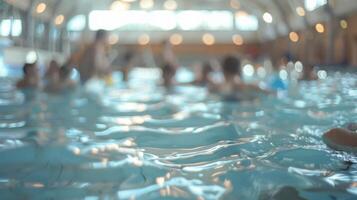 Unfocused image of a lively indoor pool gathering with watery patterns dancing in the background photo