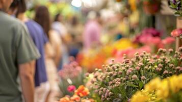 Blurry sight of shoppers admiring the colorful variety of flowers and plants on display photo