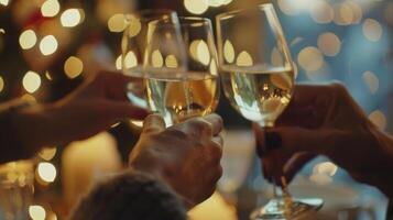 Soft focus on a group of coworkers toasting in celebration of a successful year photo