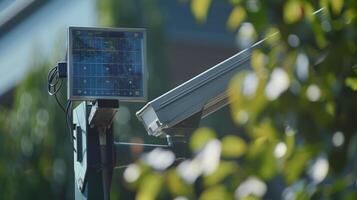 A closeup of a solar panel on a security camera reveals the intricate design allowing for maximum sunlight absorption photo