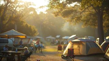 A hazy sundrenched afternoon at the campground filled with happy campers photo