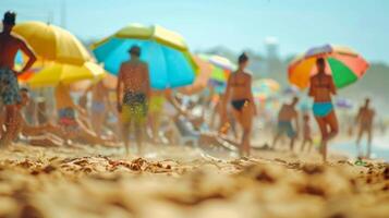 Defocused players tumbling in the sand with the vibrant umbrellas and beachgoers in the background adding to the chaotic scene photo