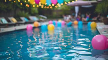 Outoffocus view of a poolside party with vibrant inflatables adding pops of color to the scene photo
