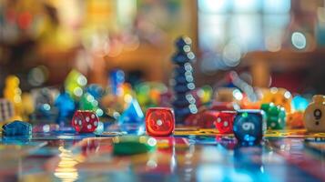 A defocused glimpse of colorful game pieces and dice tered across a table photo