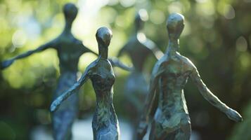 Hazy figures reaching towards the sky in a tranquil outdoor space photo