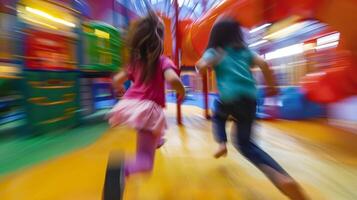 Blurry shapes of energetic children running and jumping in a colorful indoor playground photo