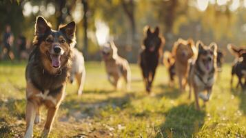 Blurry view of hardworking dogs and their steadfast trainers in a peaceful outdoor setting united in their goals photo