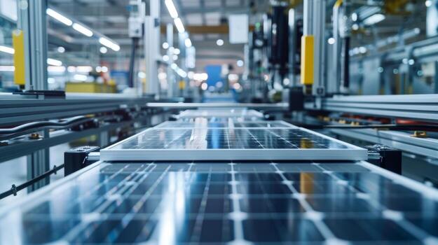 Inside the factory rows of machines are busy ting shaping and assembling pieces of metal into the framework of solar panels photo