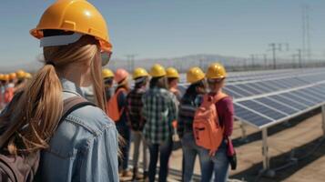 A group of high school students participating in a guided tour through a solar energy power plant learning about its operations and impact on the environment photo