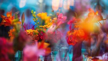 Vibrant hues blend together in a blur of floral arrangements and party guests photo