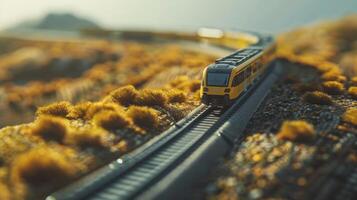 A solarpowered train navigating through a hilly terrain showcasing its ability to generate power even in challenging condition photo