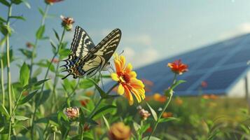 A butterfly lands on a flower in the midst of a solar panel array creating a beautiful and ecofriendly scene photo