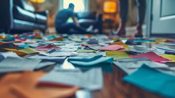 Defocused papers strewn across the floor evidence of the intense brainstorming and problemsolving happening in the room photo