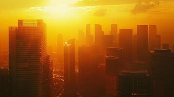 A cityscape at sunset with multiple skyscrs adorned with solar panels creating a unique environmentallyfriendly glow photo
