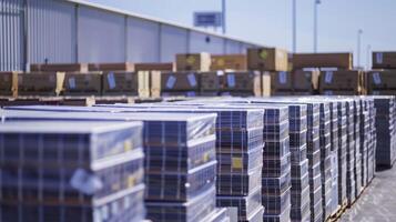 Piles of finished solar panels are stacked and ready for shipment with a large sign in the background proudly stating the factorys commitment to renewable energy photo