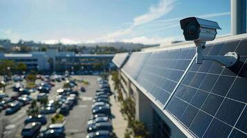 A security camera with a solar panel attached is mounted on a building overlooking a large parking lot photo