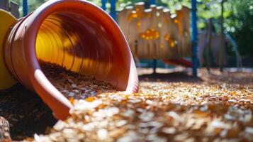 Sliding down a solarpowered playground tube into a bed of soft wood chips photo