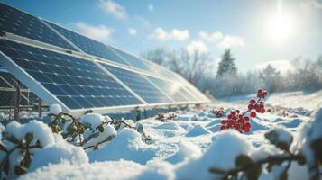 A snowy landscape with a solar panel installation defying the common belief that solar panels cant work in cold weather photo
