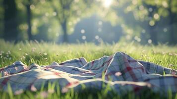 Hazy picnic blankets spread out in a sea of grass while distant music fills the air photo