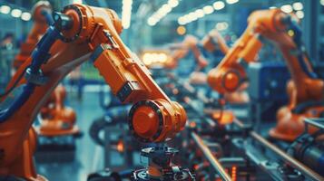 Hightech robotic arms are seen moving around the factory performing tasks with incredible speed and precision photo