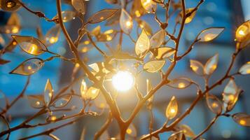 A sculpture that harnesses the power of the sun featuring branches of solar cells in place of leaves photo