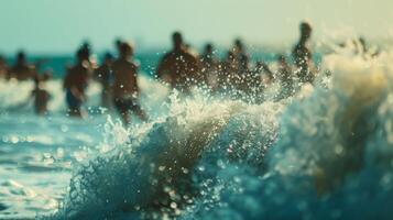 The sounds of the crashing waves blend with the cheers from the blurry crowd photo