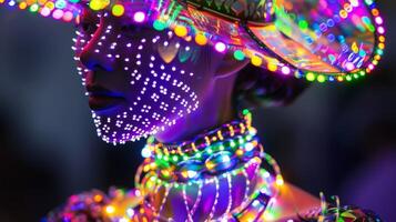 A wearable piece of art such as a necklace or hat adorned with small solar panels that power glowing LED lights and make the wearer stand out in a crowd photo